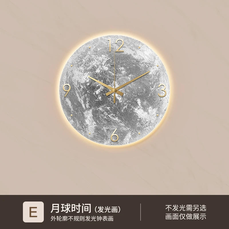 Reloj de pared minimalista moderno para sala de estar, pintura de piedra arenisca de Luna, Ideas de restaurante de moda para el hogar, decoración de pared con luz LED