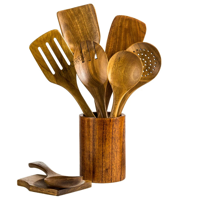9 cucharas de madera para cocinar, utensilios de madera para cocinar con soporte para utensilios, juego de utensilios de cocina de madera de teca