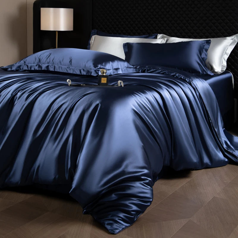 Juego de sábanas de seda, juego de cama de lujo con funda nórdica, sábana bajera ajustada/plana, fundas de almohada mezcladas con rayón King Queen Full Twin