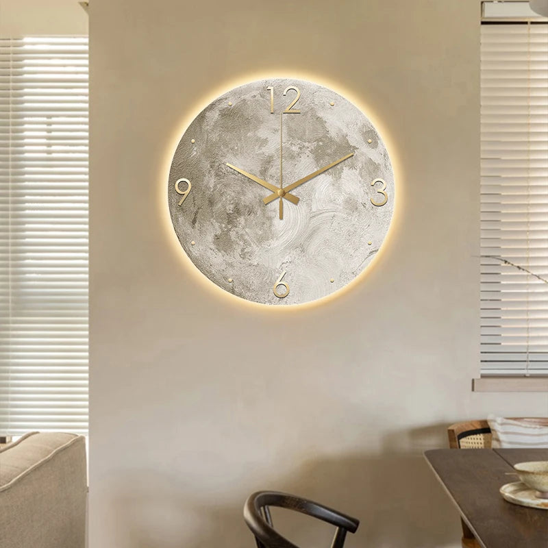Reloj de pared minimalista moderno para sala de estar, pintura de piedra arenisca de Luna, Ideas de restaurante de moda para el hogar, decoración de pared con luz LED
