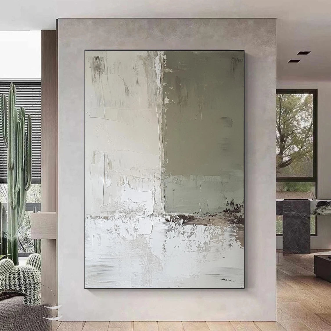 Pintura minimalista Beige hecha a mano, lienzo bohemio, arte de pared, pintura abstracta Beige, pintura de textura negra, decoración de pared de salón