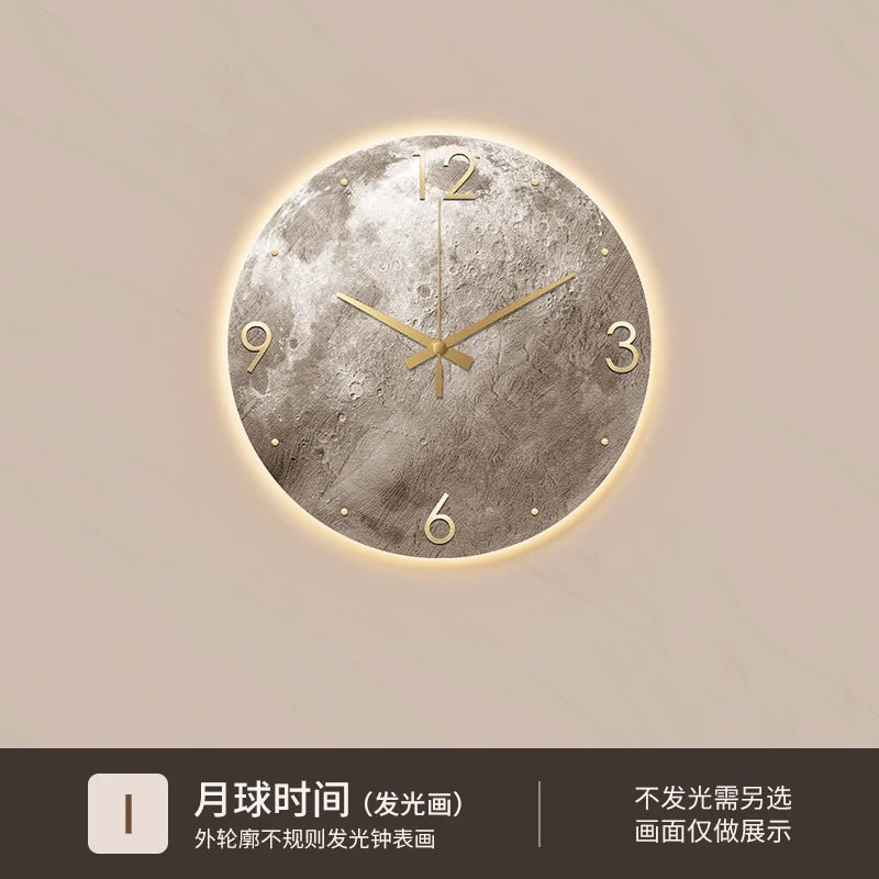 Reloj de pared minimalista moderno para sala de estar, pintura de piedra arenisca de Luna, Ideas de restaurante de moda para el hogar, decoración de pared con luz LED