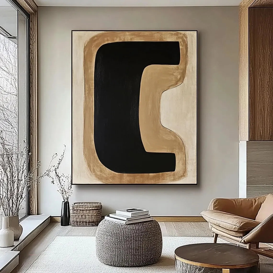 Pintura minimalista Beige hecha a mano, lienzo bohemio, arte de pared, pintura abstracta Beige, pintura de textura negra, decoración de pared de salón