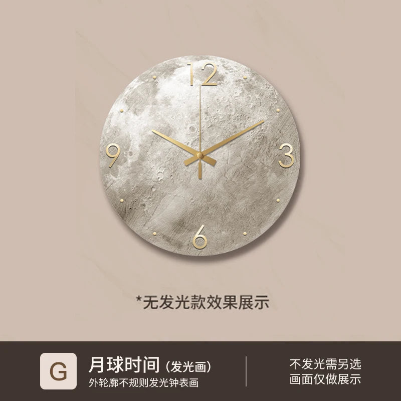 Reloj de pared minimalista moderno para sala de estar, pintura de piedra arenisca de Luna, Ideas de restaurante de moda para el hogar, decoración de pared con luz LED
