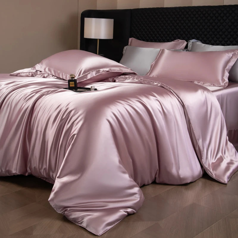 Juego de sábanas de seda, juego de cama de lujo con funda nórdica, sábana bajera ajustada/plana, fundas de almohada mezcladas con rayón King Queen Full Twin