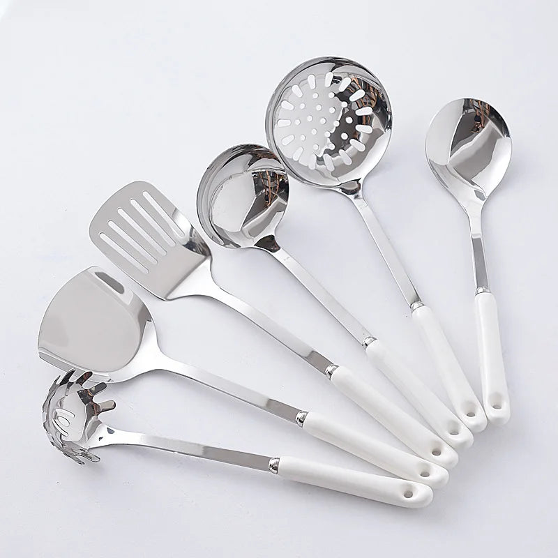 Juego de utensilios de cocina de acero inoxidable con mango de cerámica, 7 piezas, cucharón para sopa, freír, espátula, cuchara coladora, accesorios de cocina