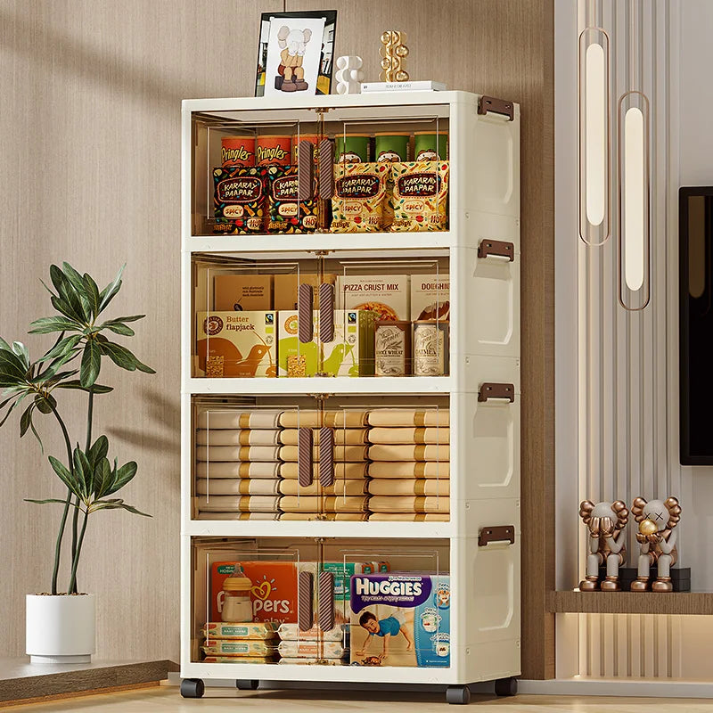 Gabinete de almacenamiento plegable de estilo coreano, caja organizadora de plástico de gran capacidad con ruedas apilables para el hogar