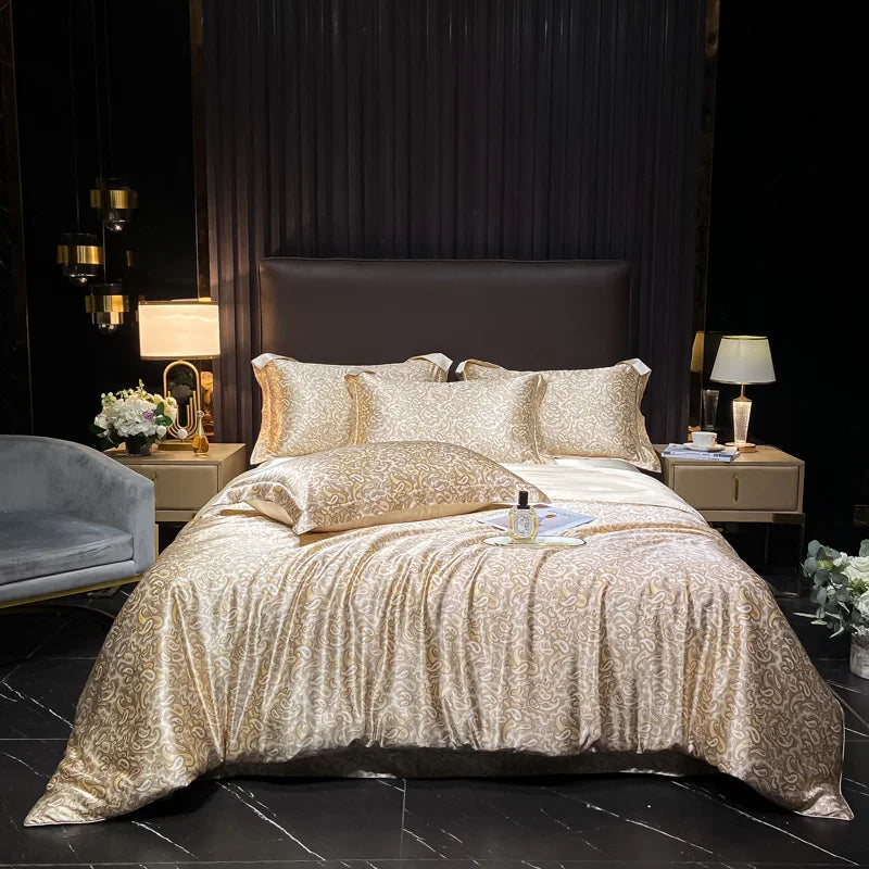 Juego de ropa de cama de seda Natural de alta gama, edredón suave y sedoso de lujo, funda de edredón con estampado individual, doble, tamaño King