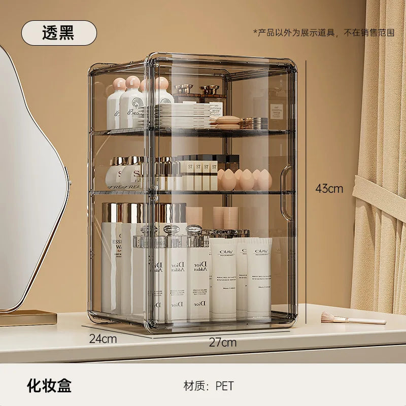 Organizador de Maquillaje de Acrílico Transparente, Estuche de Almacenamiento de Gran Capacidad a Prueba de Polvo, Estante de Escritorio para Cuidado de la Piel y Cosméticos