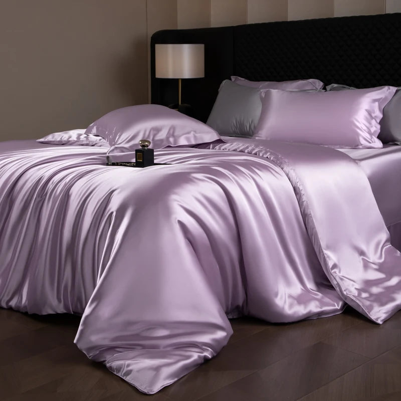 Juego de sábanas de seda, juego de cama de lujo con funda nórdica, sábana bajera ajustada/plana, fundas de almohada mezcladas con rayón King Queen Full Twin