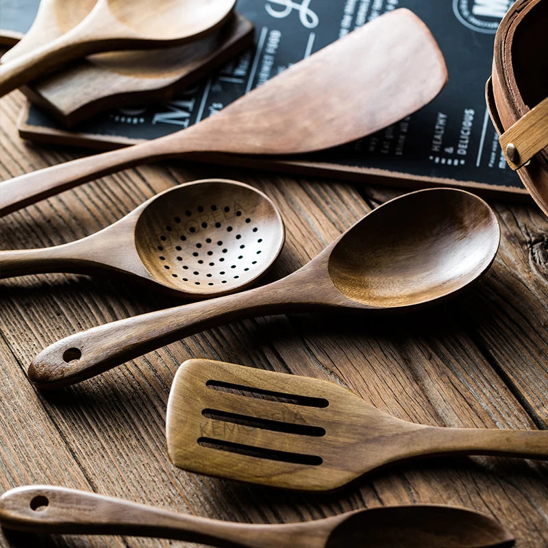 9 cucharas de madera para cocinar, utensilios de madera para cocinar con soporte para utensilios, juego de utensilios de cocina de madera de teca