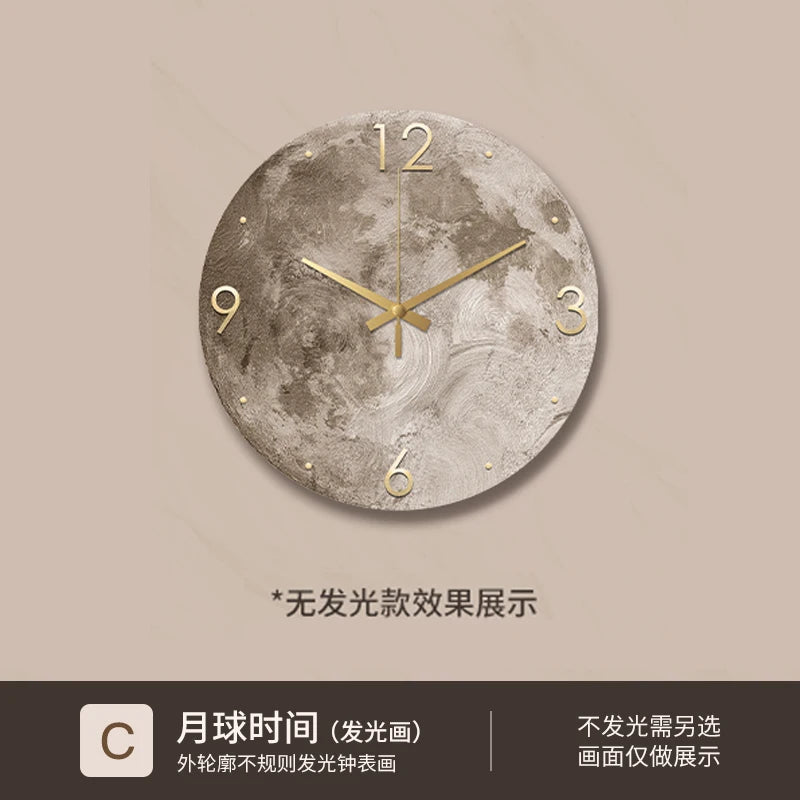 Reloj de pared minimalista moderno para sala de estar, pintura de piedra arenisca de Luna, Ideas de restaurante de moda para el hogar, decoración de pared con luz LED