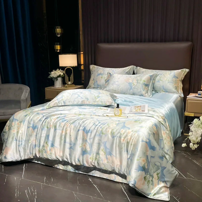 Juego de ropa de cama de seda Natural de alta gama, edredón suave y sedoso de lujo, funda de edredón con estampado individual, doble, tamaño King
