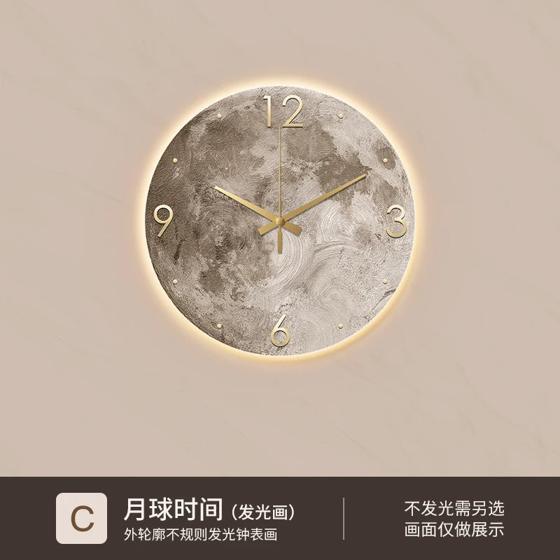 Reloj de pared minimalista moderno para sala de estar, pintura de piedra arenisca de Luna, Ideas de restaurante de moda para el hogar, decoración de pared con luz LED