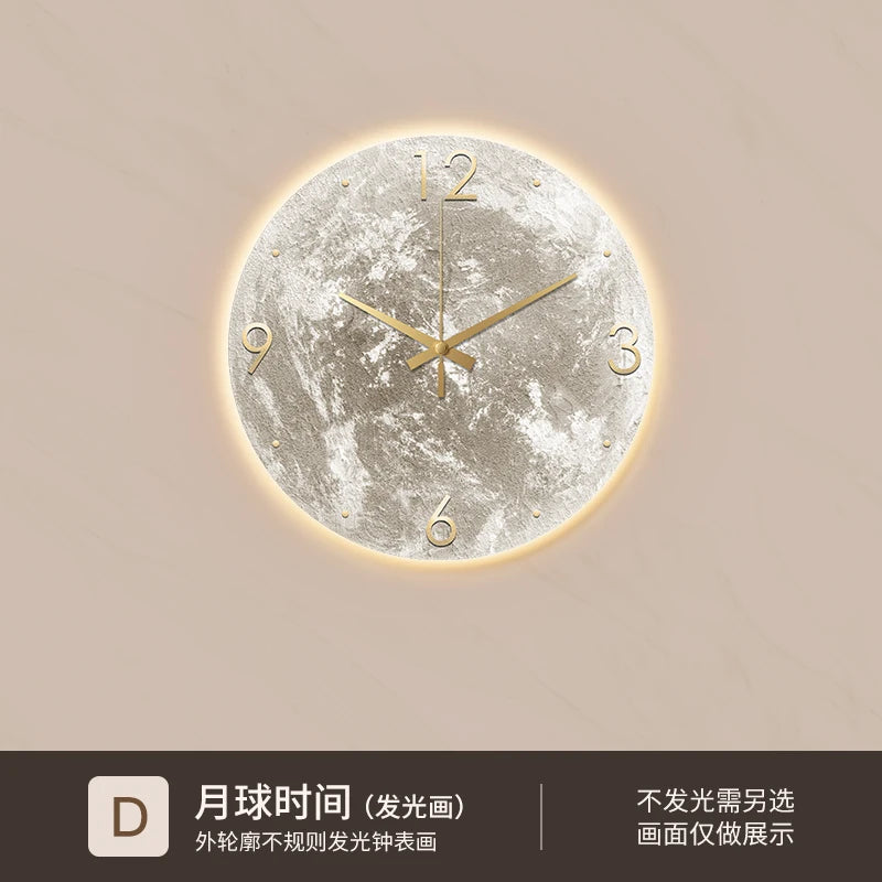 Reloj de pared minimalista moderno para sala de estar, pintura de piedra arenisca de Luna, Ideas de restaurante de moda para el hogar, decoración de pared con luz LED