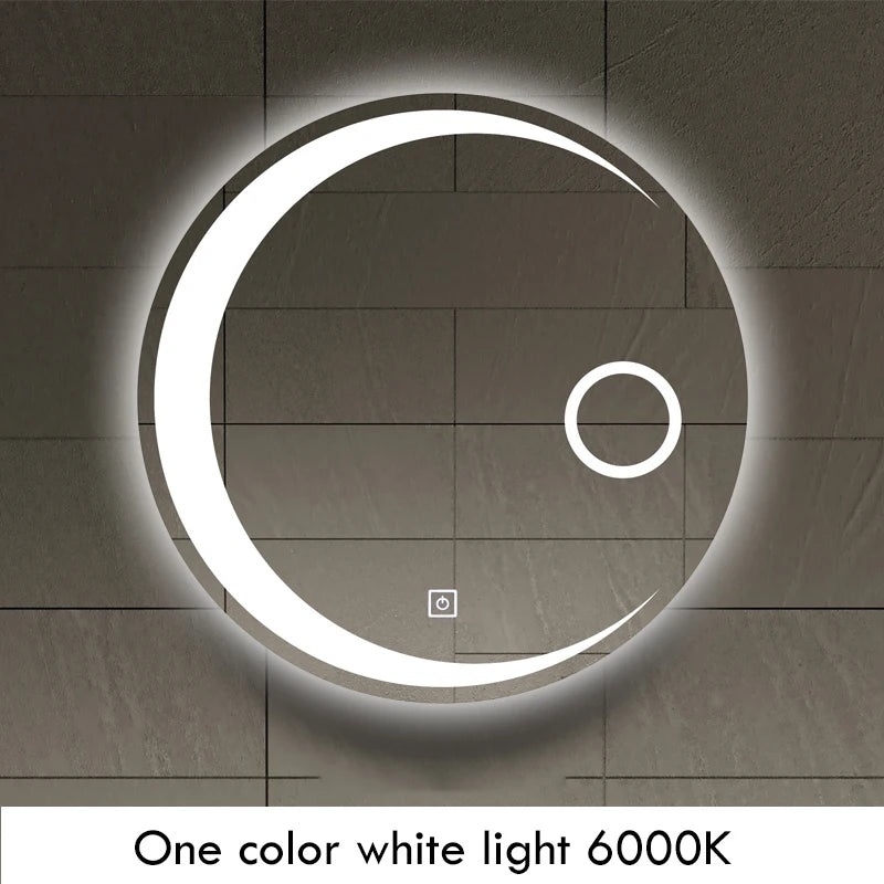 Espejo de baño con forma de luna redonda, luz LED ajustable de 3 colores con altavoz Bluetooth, espejo de maquillaje inteligente, 40/50/60cm