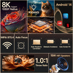 Proyector Android 14, enfoque automático, compatible con 8K nativo 1080P con Wifi6 BT5.4 16G Allwinner H726 portátil HY350Max