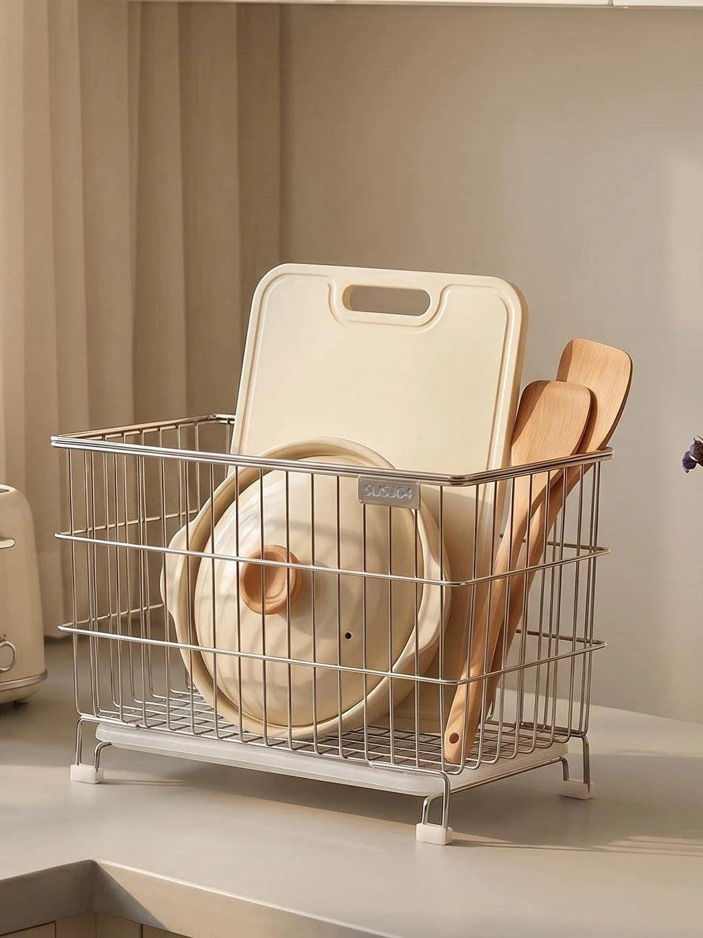 Soporte para Tabla de Cortar de Cocina de Acero Inoxidable, Escurridor de Platos Multifuncional para Encimera, Cesta de Almac...
