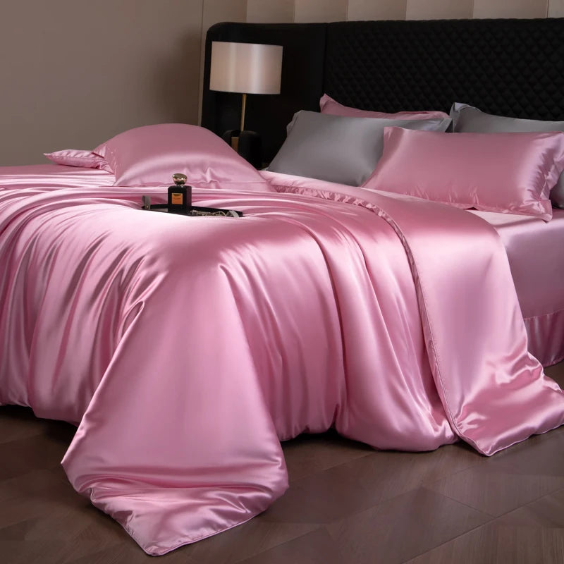 Juego de sábanas de seda, juego de cama de lujo con funda nórdica, sábana bajera ajustada/plana, fundas de almohada mezcladas con rayón King Queen Full Twin