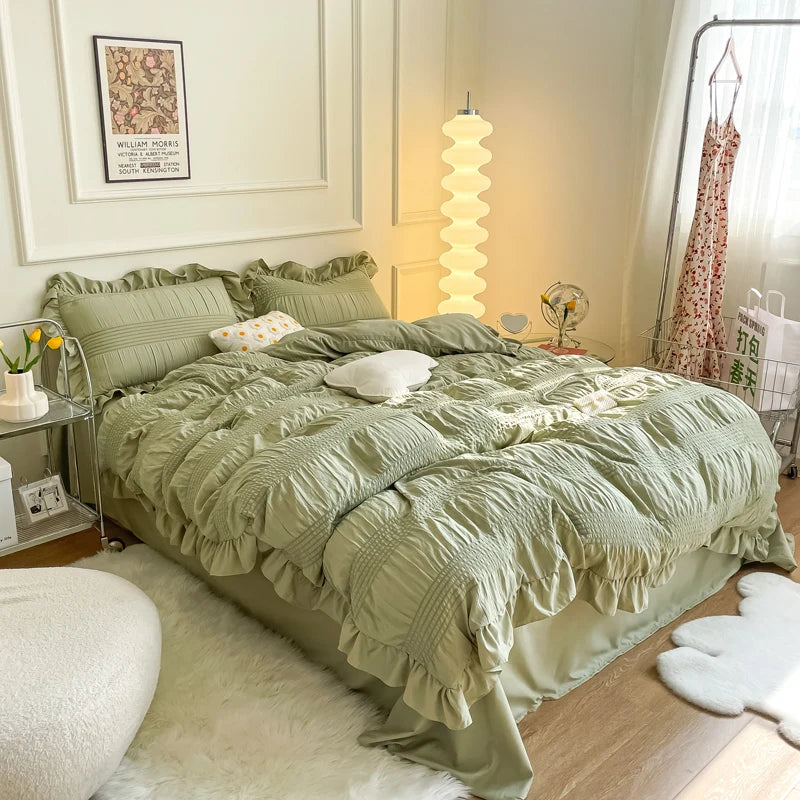 Juego de fundas de edredón con volantes para cama individual, juego de ropa de cama con sábana y fundas de almohada, color blanco, 3/4 piezas, color verde, rosa y gris