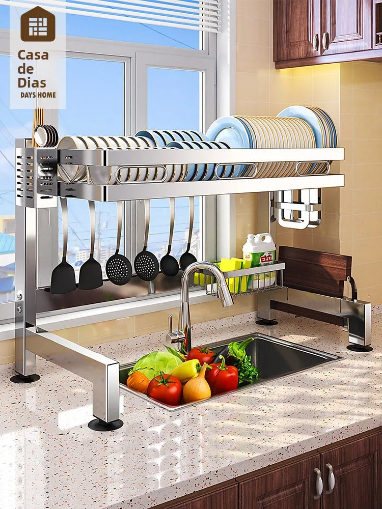 Escurridor de Platos de Acero Inoxidable 304 para Fregadero de Cocina, Estante de Almacenamiento Multifuncional para Drenaje ...