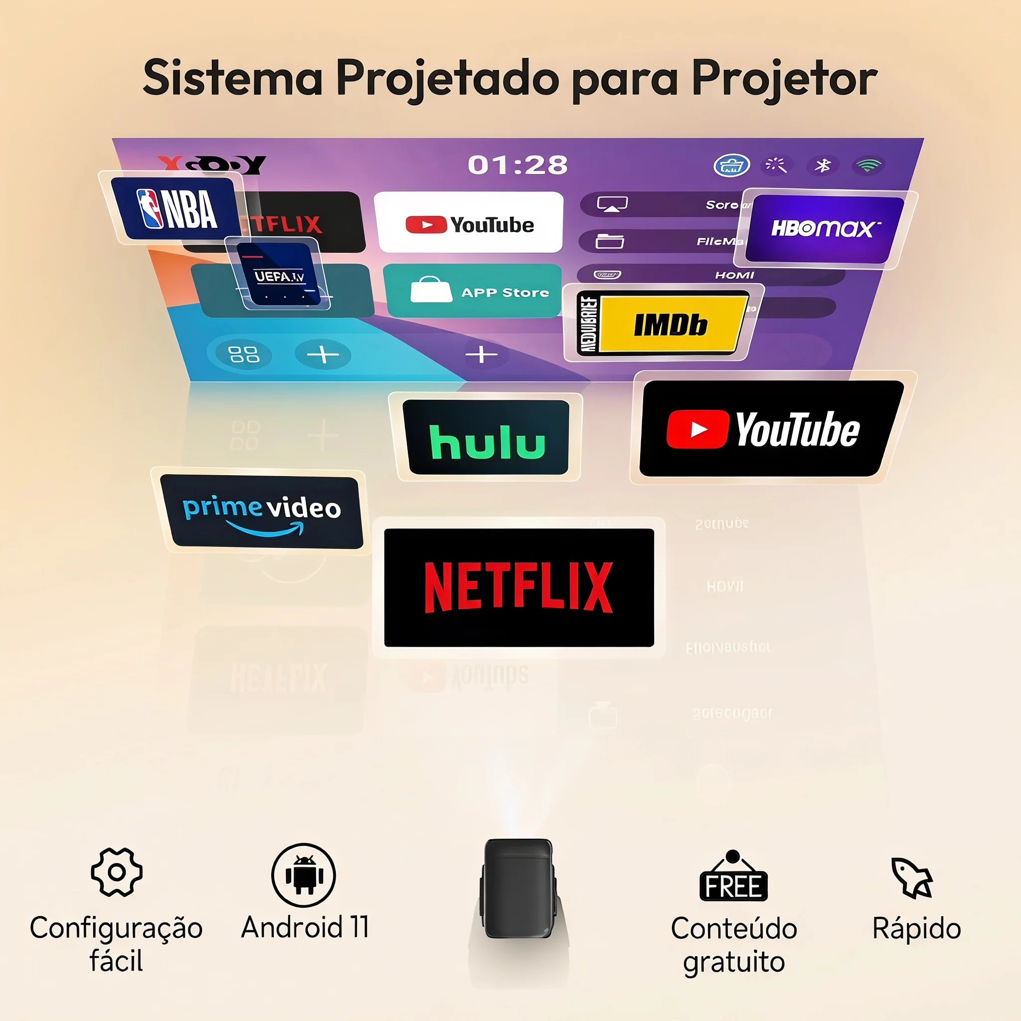 Proyector 4K 450ANSI de Tiro Corto, Proyector Android con Autoenfoque y Corrección Trapezoidal, 1080P Nativo, Wifi6, BT5.2, Cine en Casa Portátil