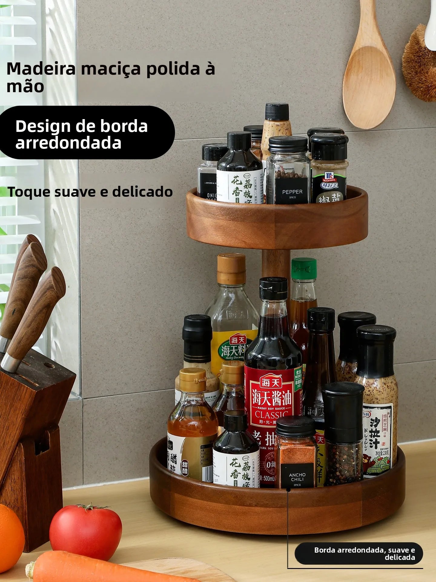Estante Giratorio de Madera Maciza para Especias de Cocina, Soporte para Latas de Condimento, Sin Necesidad de Perforación, F...