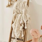 Manta de punto beige nórdica con borlas para sofá, manta decorativa suave y acogedora para sala de estar, regalo de decoración para el hogar