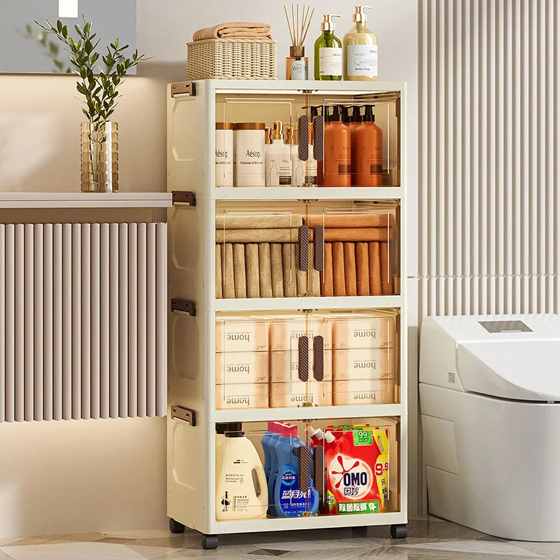 Gabinete de almacenamiento plegable de estilo coreano, caja organizadora de plástico de gran capacidad con ruedas apilables para el hogar