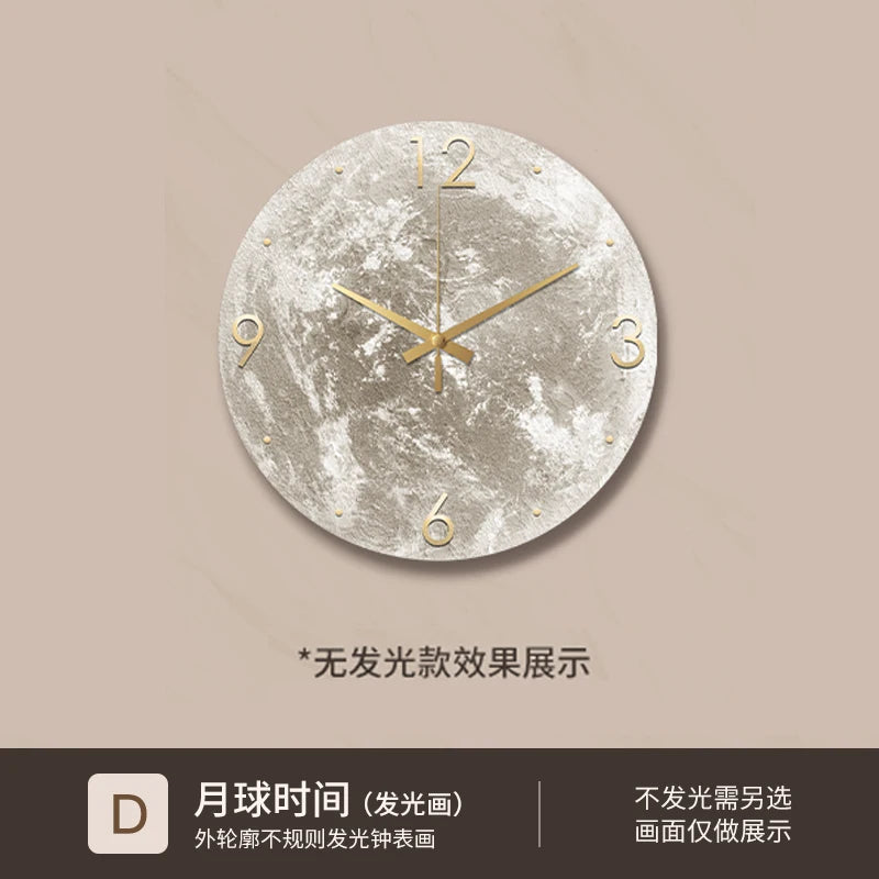 Reloj de pared minimalista moderno para sala de estar, pintura de piedra arenisca de Luna, Ideas de restaurante de moda para el hogar, decoración de pared con luz LED