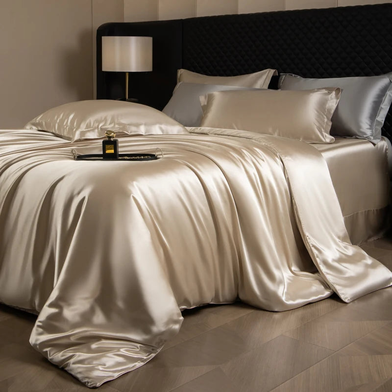Juego de sábanas de seda, juego de cama de lujo con funda nórdica, sábana bajera ajustada/plana, fundas de almohada mezcladas con rayón King Queen Full Twin
