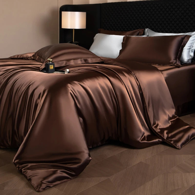Juego de sábanas de seda, juego de cama de lujo con funda nórdica, sábana bajera ajustada/plana, fundas de almohada mezcladas con rayón King Queen Full Twin