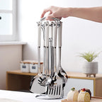 Juego de utensilios de cocina de acero inoxidable con mango de cerámica, 7 piezas, cucharón para sopa, freír, espátula, cuchara coladora, accesorios de cocina
