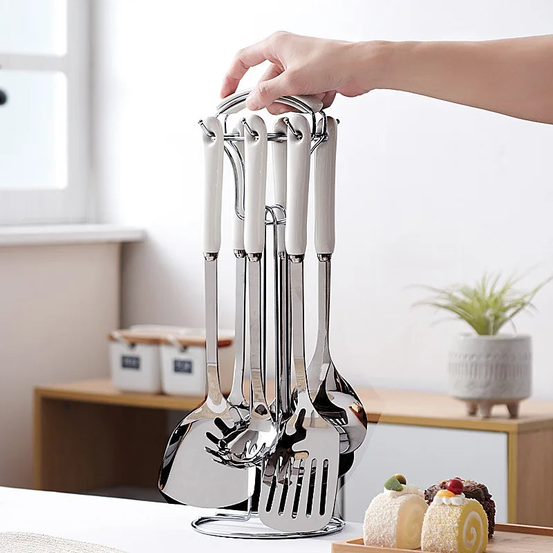 Juego de utensilios de cocina de acero inoxidable con mango de cerámica, 7 piezas, cucharón para sopa, freír, espátula, cuchara coladora, accesorios de cocina