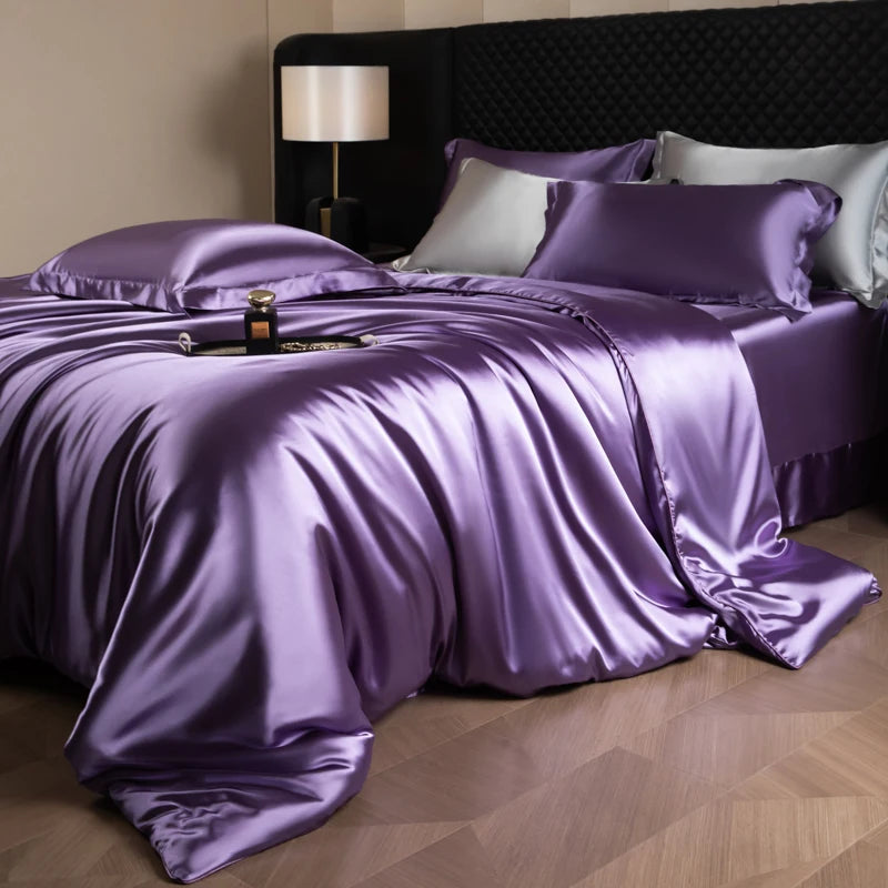 Juego de sábanas de seda, juego de cama de lujo con funda nórdica, sábana bajera ajustada/plana, fundas de almohada mezcladas con rayón King Queen Full Twin
